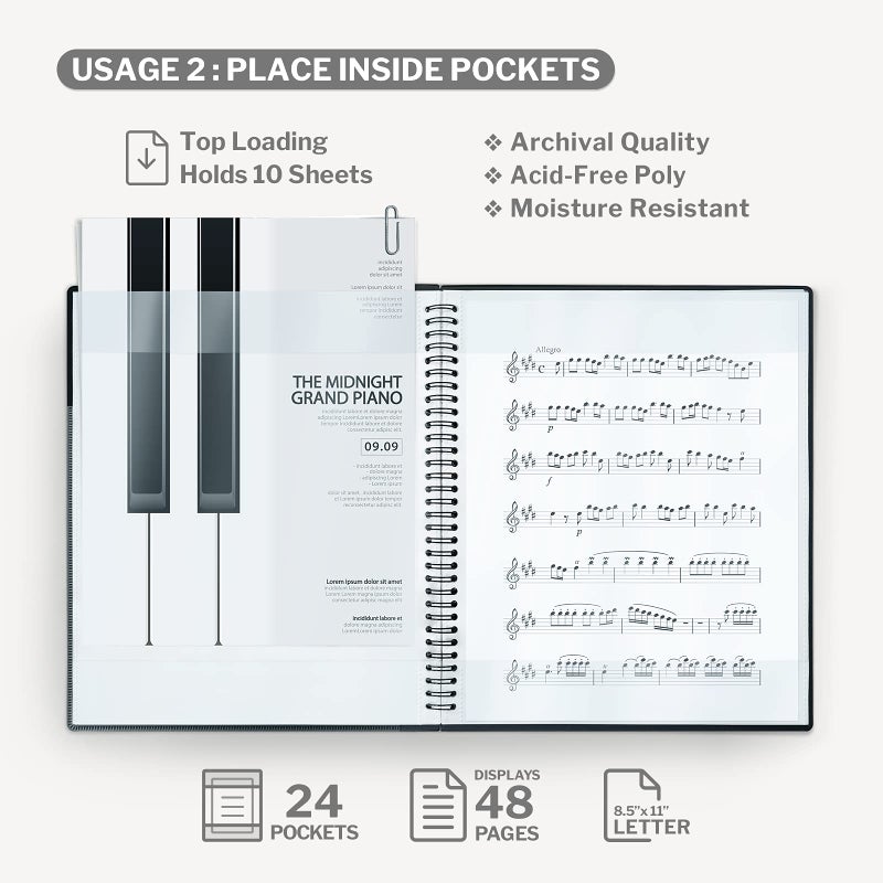 CRANBURY Sheet Music Folder 8.5x11 - Dual Use Music Holder (Blue)  Store Inside 24 Protective Sleeves or Write on Exposed Pages Outside Sleeves  8.5 x 11 Spiral Notebook Binder Organizer  Lay Flat - Image 4